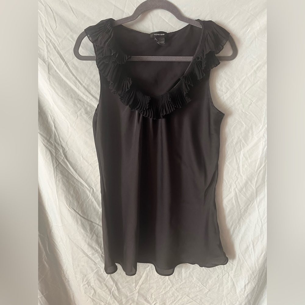 Spense Black Silk Sleeveless Accordion Ruffle Neck Blouse Size Large L 12 14